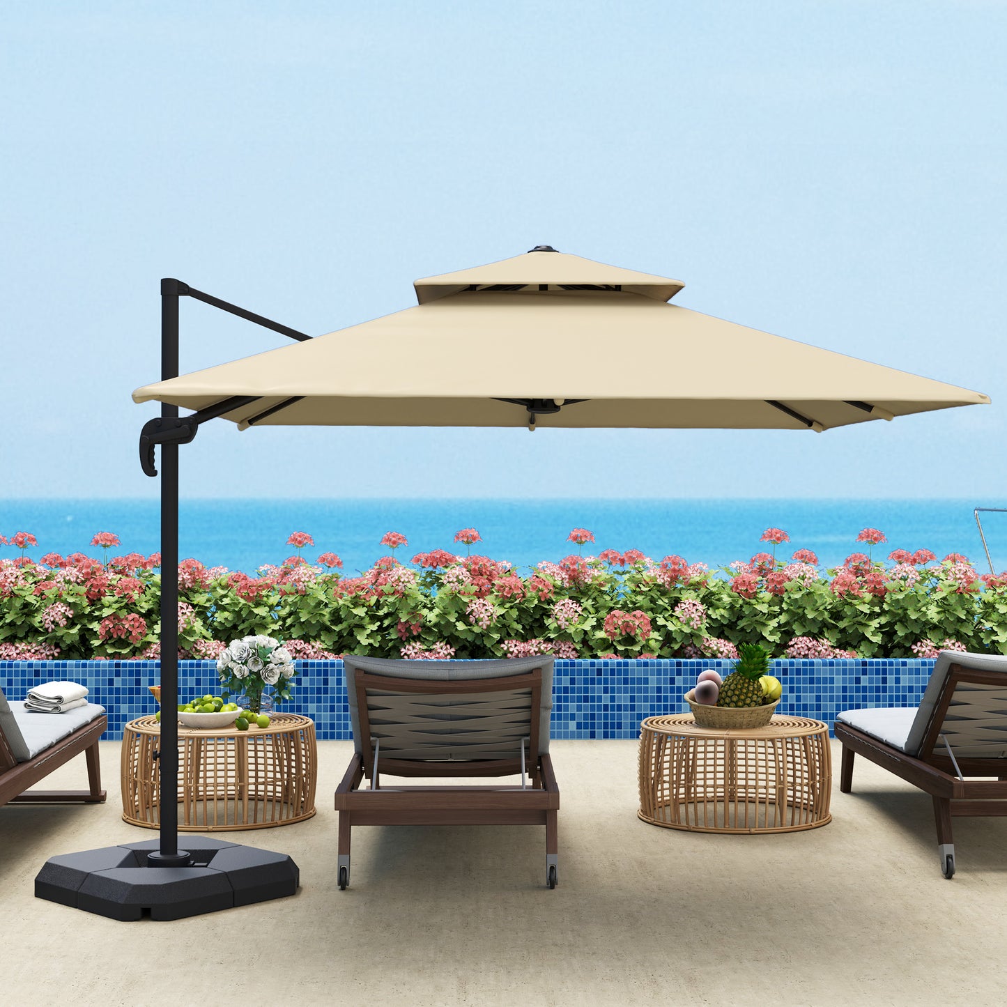 2.7 x 2.7 m Cantilever Parasol with Aluminium Frame, Crank and Tilt, 360-Degree Rotation, Double Top Garden Umbrella