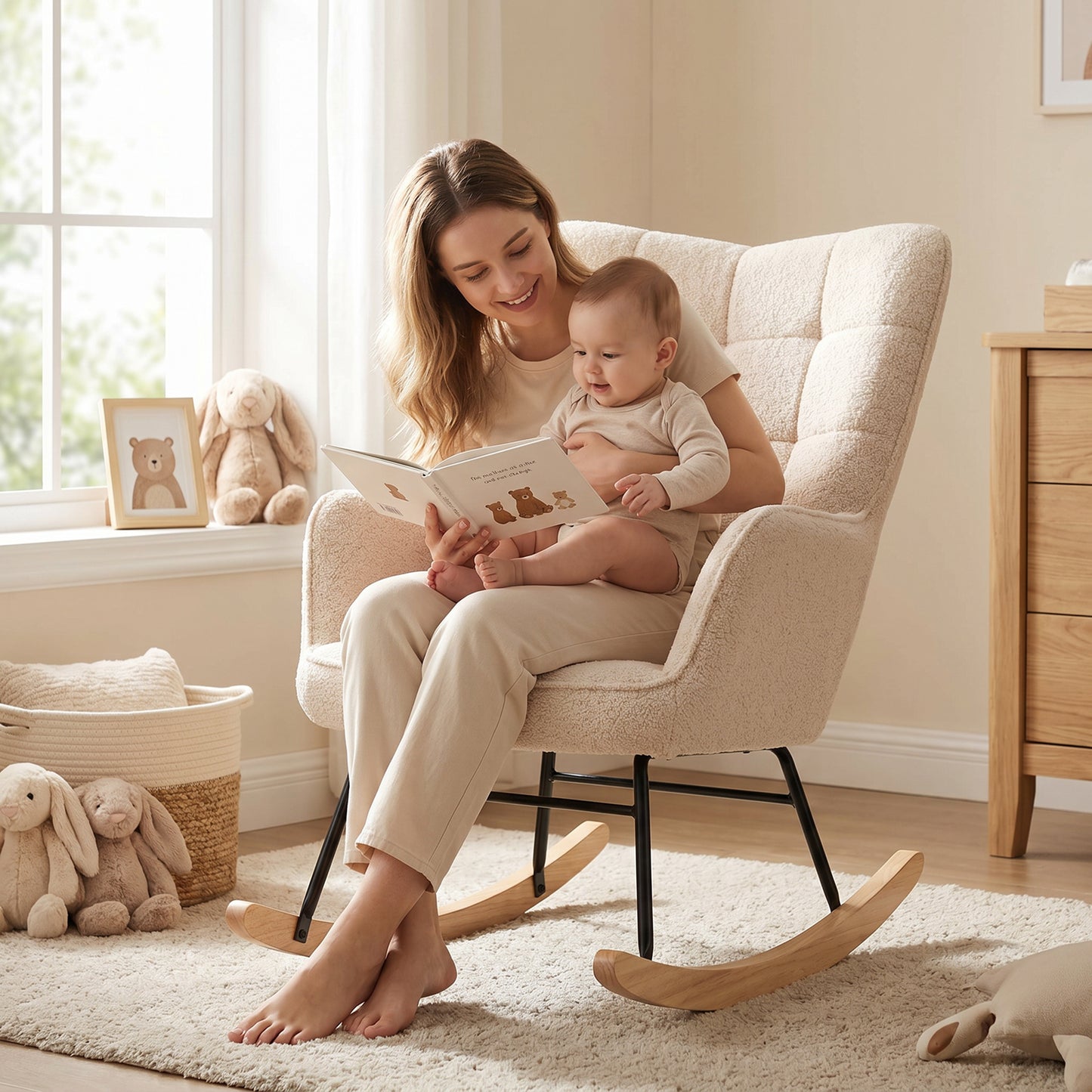 Berber Fleece Nursery Glider Rocker for Nursing, Wingback Rocking Chair for Living Room, Beige