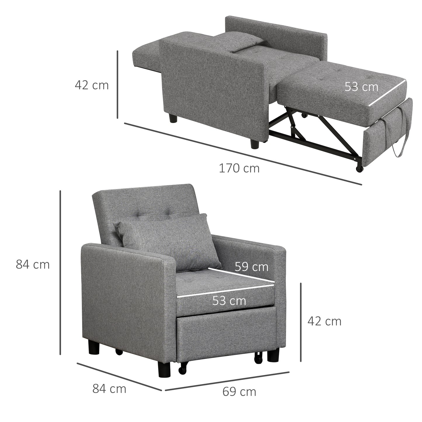3-In-1 Single Chair Bed with Adjustable Backrest, Pillow and Footrest for Living Room, Grey