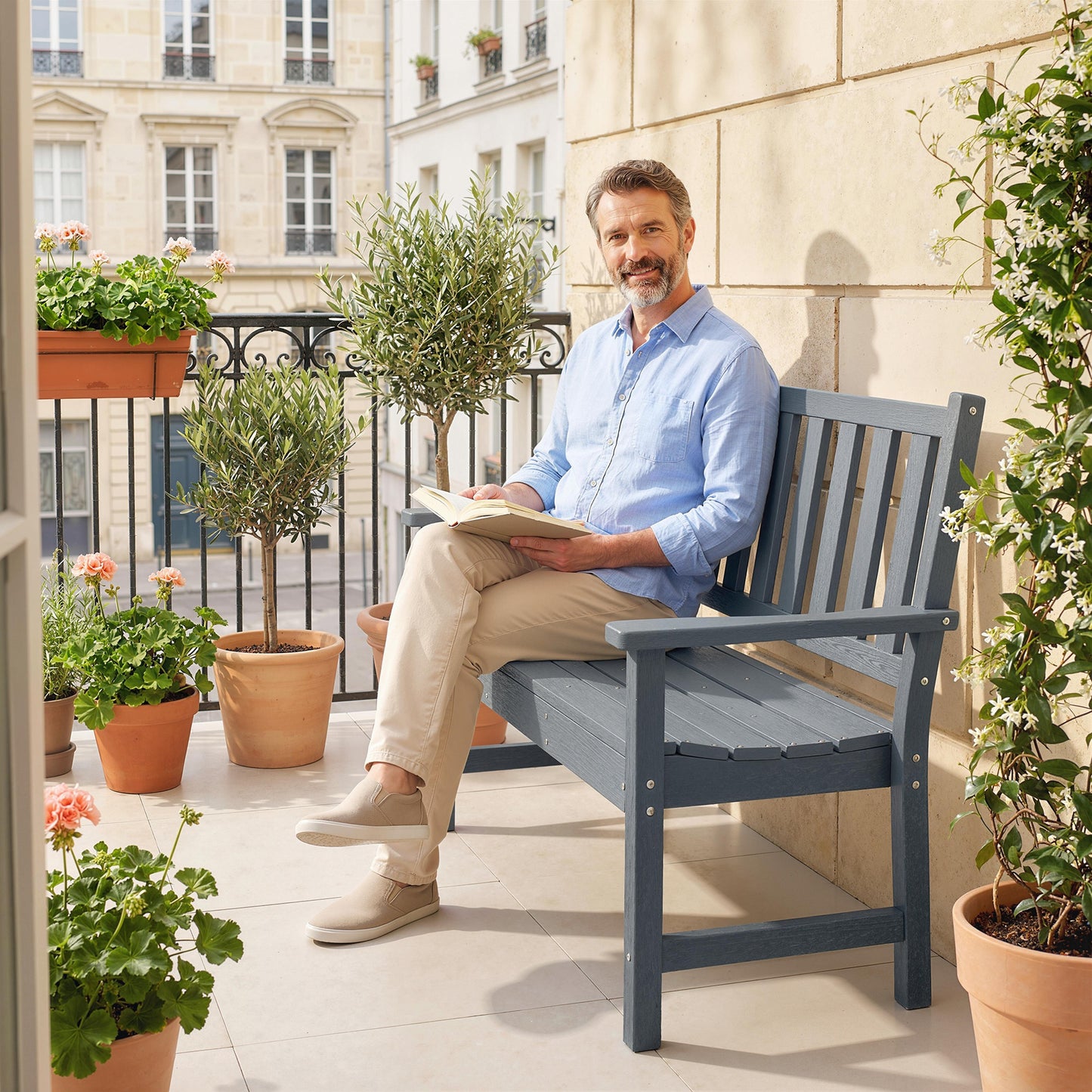 2 Seater Plastic Garden Bench, Outdoor Patio Bench with Armrest and Backrest, Weatherproof Outdoor Furniture for Balcony