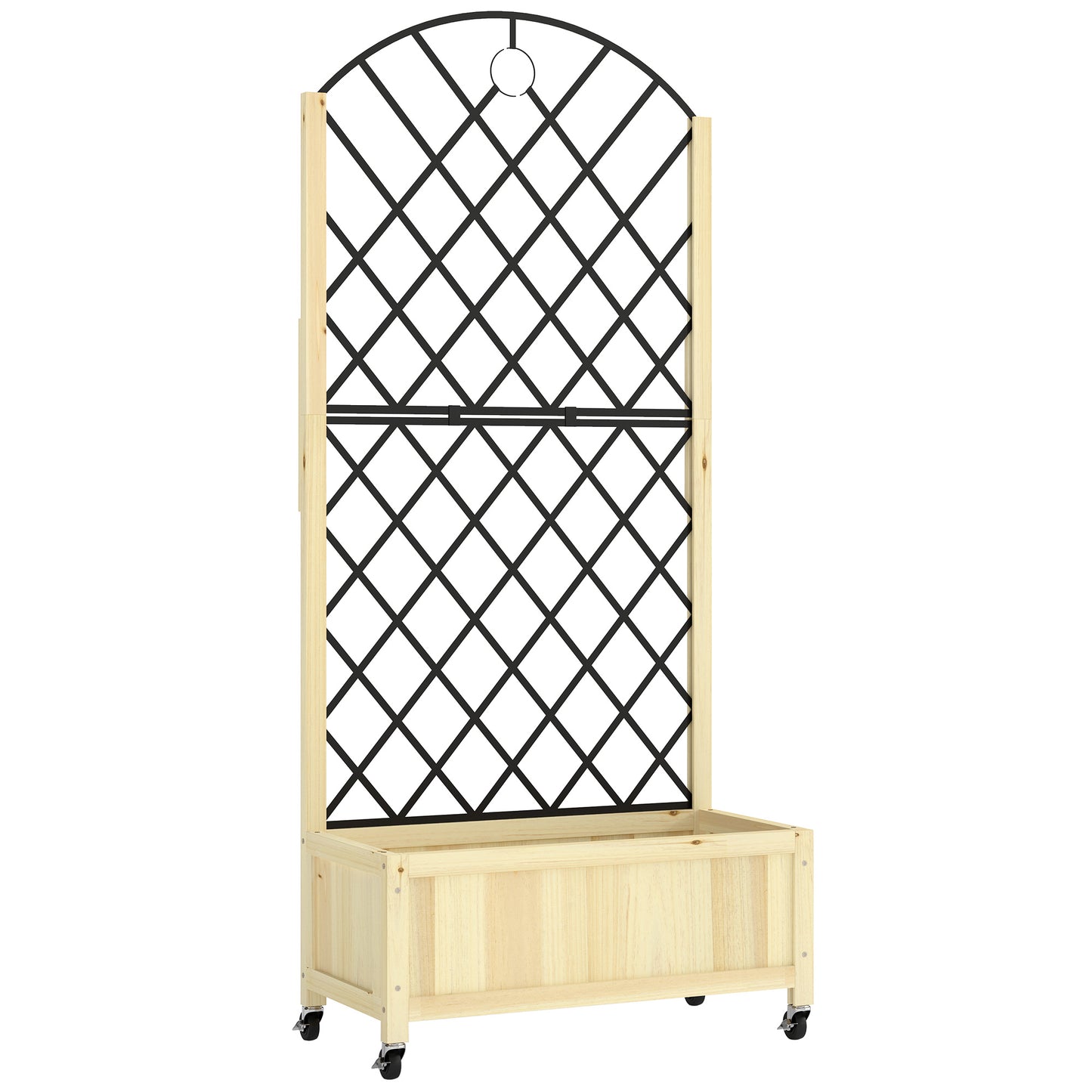 Raised Garden Bed with Metal Trellis, Wooden Elevated Planter Box with Lockable Wheels, Outdoor Raised Planter, Natural