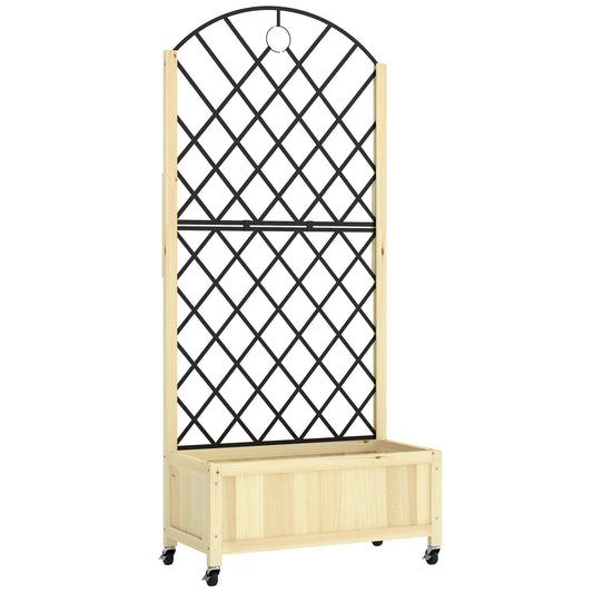 Raised Garden Bed with Metal Trellis, Wooden Elevated Planter Box with Lockable Wheels, Outdoor Raised Planter, Natural