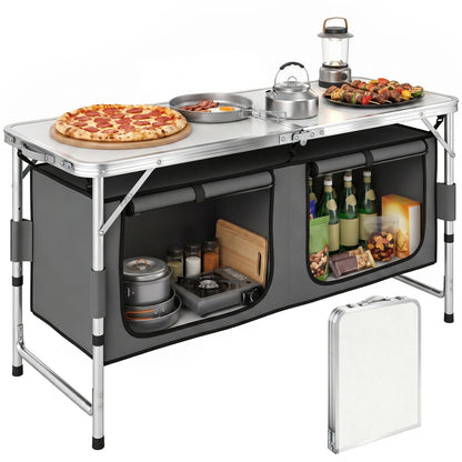 4ft Folding Camping Cupboard Kitchen, Height Adjustable Aluminium Camping Table with Storage