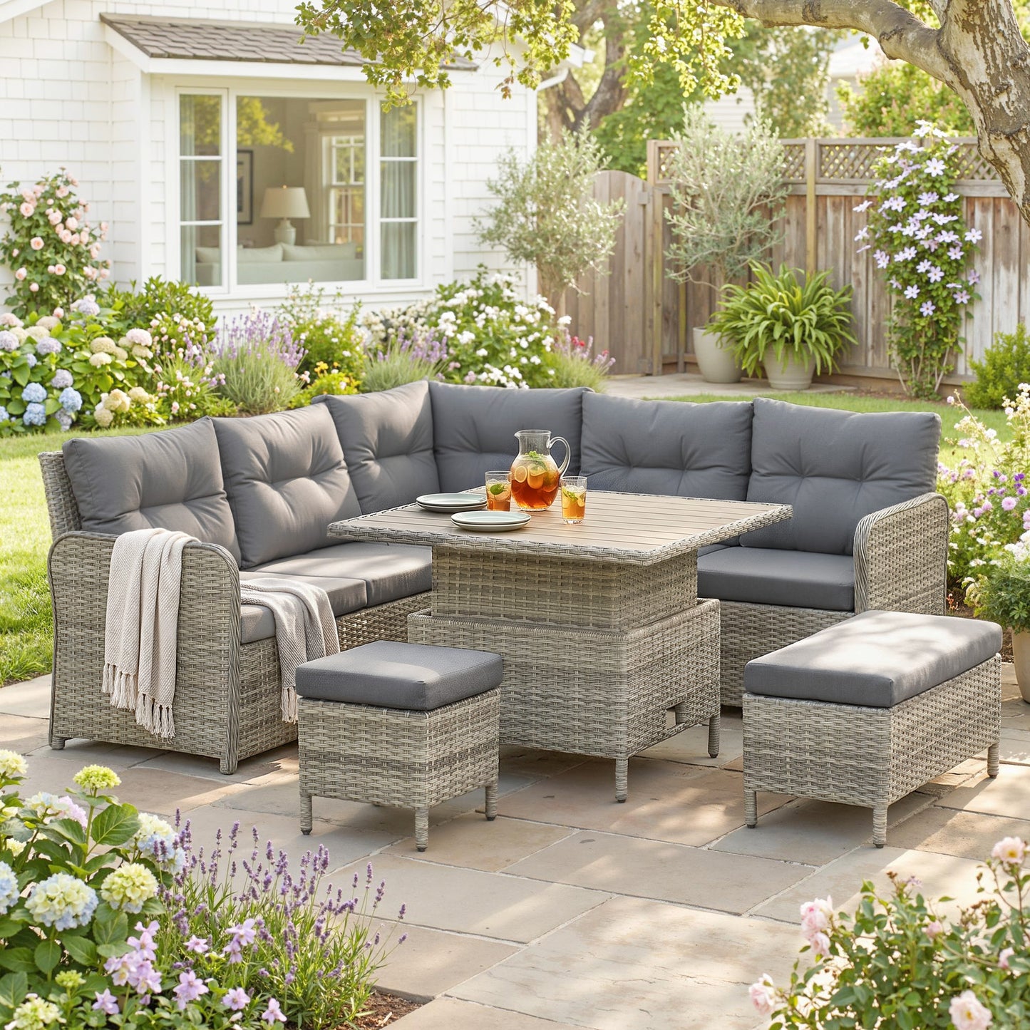 7 Seater Rattan Garden Furniture Set, 6 Piece Patio Dining Set with Liftable Coffee Table and Soft Padded Cushion
