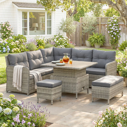 7 Seater Rattan Garden Furniture Set, 6 Piece Patio Dining Set with Liftable Coffee Table and Soft Padded Cushion