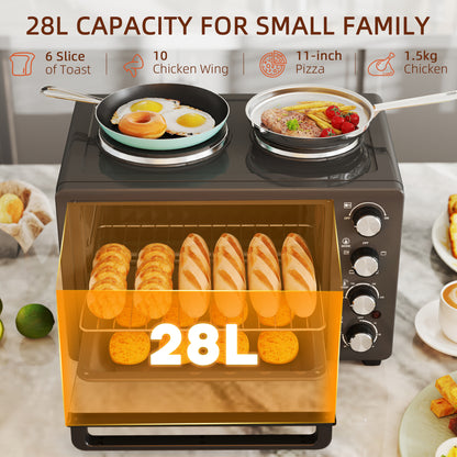 28L Toaster Oven with Double Hotplate, 1600W Countertop MIni Oven with 60 Minute Timer & 230°C Temp Control