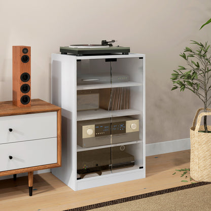4-Tier Hi-Fi Stand, Record Player Stand with Adjustable Shelves and Push-to-Open Glass Doors, White Wood-Effect