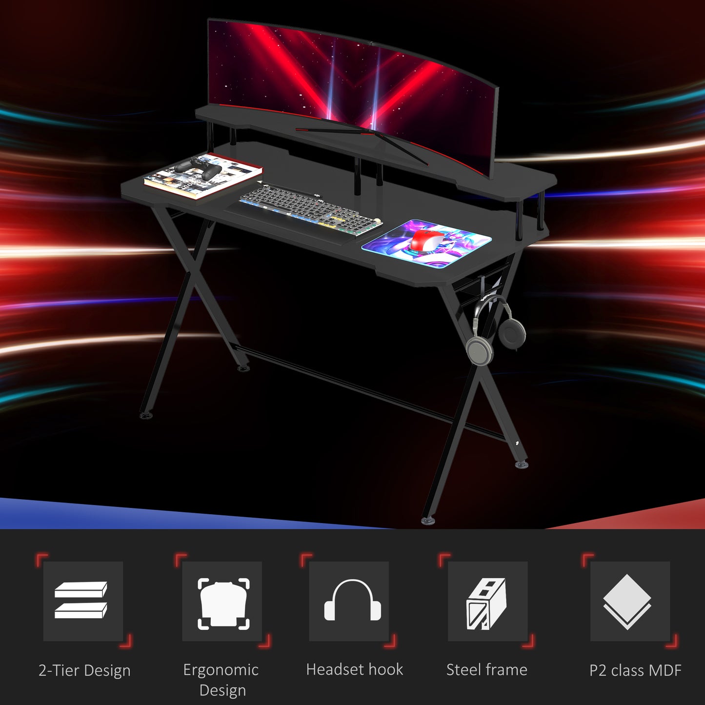 Gaming Desk Writing Racing Computer Table Workstation with Headphone Hook Curved Front Adjustable Feet for Home Office Use 14
