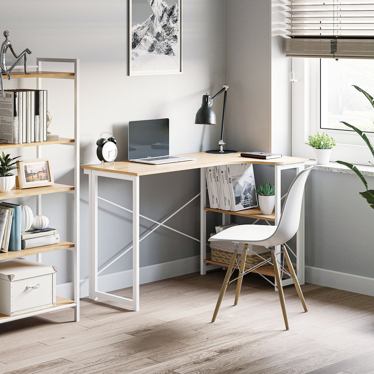 Folding Desk, L Shaped Desk, Corner Computer Desk with 2-Tier Storage Shelf for Home Office, Study Room, Workstation