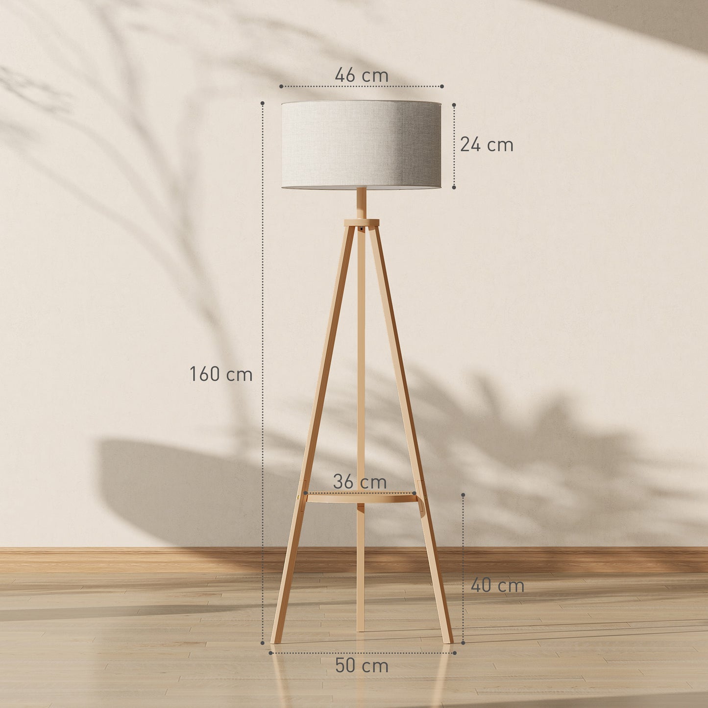 Bedside Light, Tripod Floor Lamp with Storage Shelf and Linen Shade for Living Room, 160cm, Natural Wood Colour