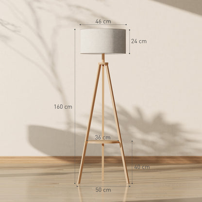 Bedside Light, Tripod Floor Lamp with Storage Shelf and Linen Shade for Living Room, 160cm, Natural Wood Colour