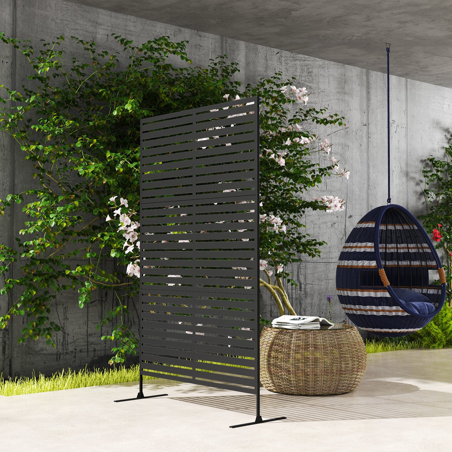 Decorative Privacy Fence Screen, Metal Outdoor Privacy Screen Climbing Plant Trellis with Stand, 122 x 198 cm, Black