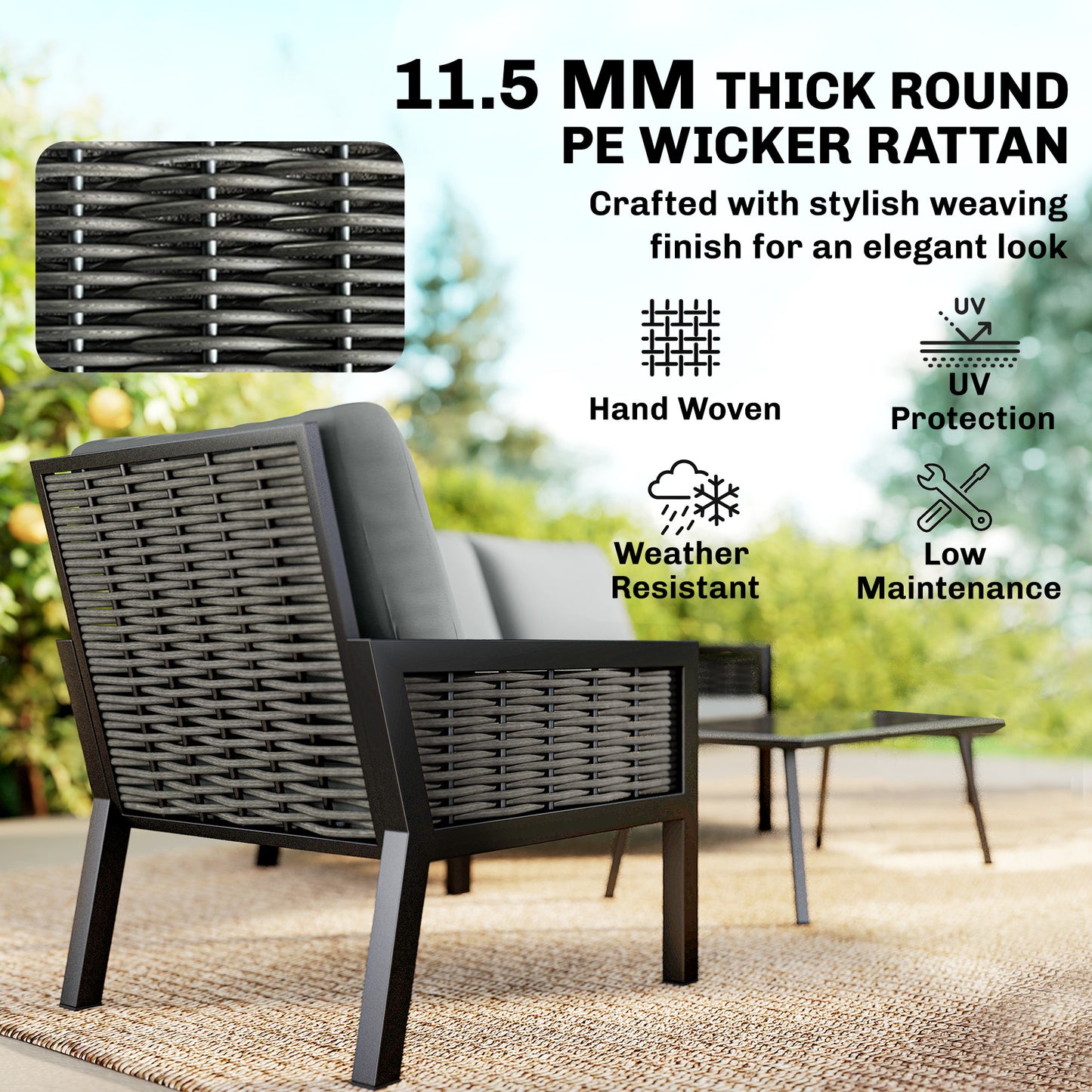 4 Seater Rattan Garden Furniture Set with 2 Armchairs, Loveseat, Coffee Table, Garden Sofa Set with Cushions, Dark Grey