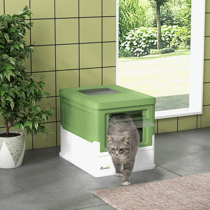 Hooded Cat Litter Box, Portable Pet Toilet, with Scoop, Front Entry - Emerald Green
