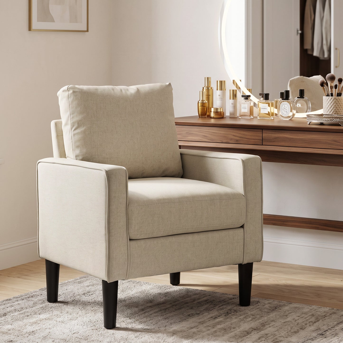 Accent Chair, Removable Pillow Linen Armchair with Comfy Spring Cushion for Living Room, Bedroom, Study, Cream