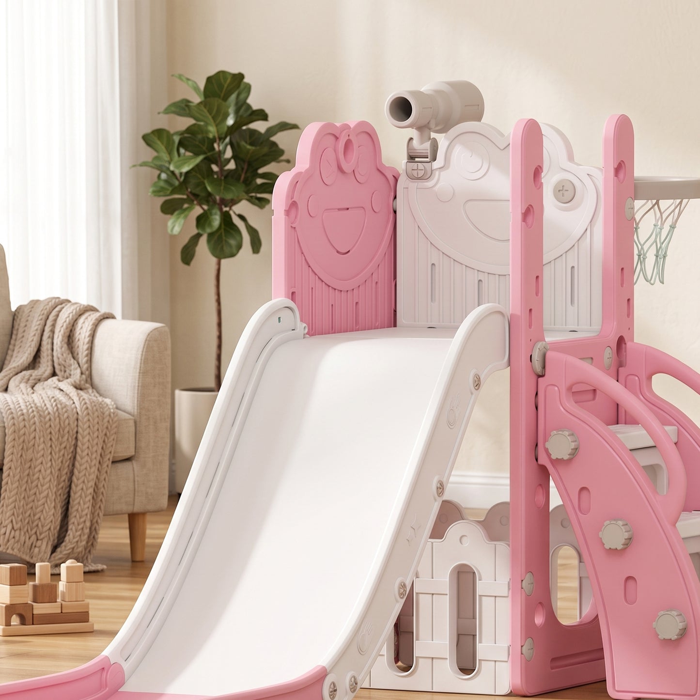 5 in 1 Kids Slide Set with Basketball Hoop, Climbing Frame, Telescope, Storage Box for Toddlers Ages 1-3, Pink