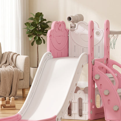 5 in 1 Kids Slide Set with Basketball Hoop, Climbing Frame, Telescope, Storage Box for Toddlers Ages 1-3, Pink