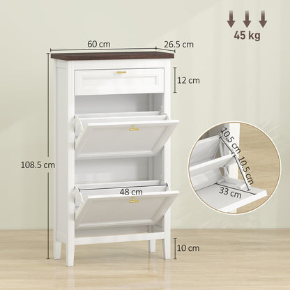 Shoe Cabinet with 2 Flip Drawers, Farmhouse Narrow Shoe Storage Cabinet with Adjustable Shelves, White