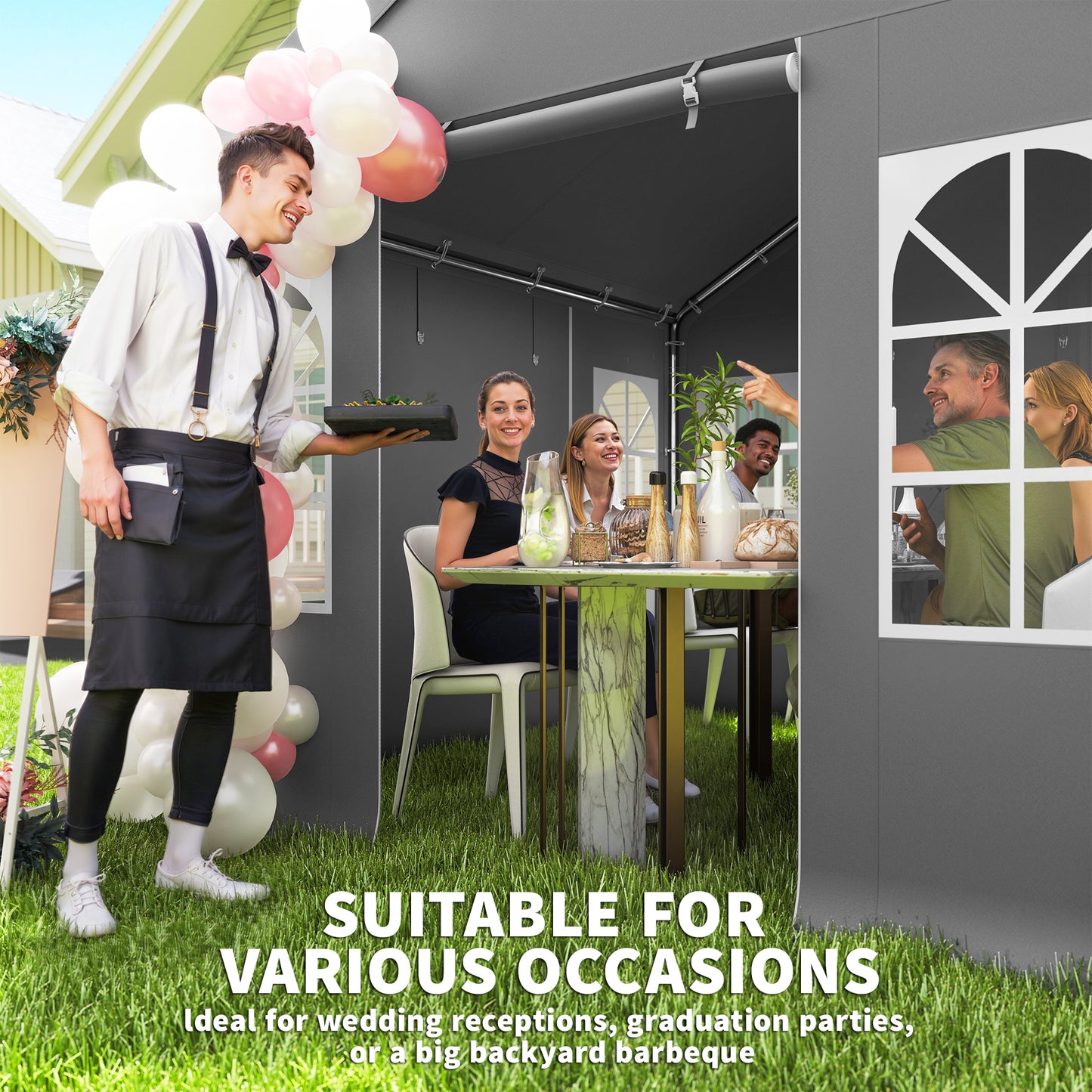 3 x 3 m Party Tent, Outdoor Canopy Tent Shelter with Removable Sidewalls, 4 Zipped Doors, for Parties, Wedding, Grey
