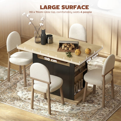 Kitchen Island with Spice Rack, Kitchen Storage with Large Tabletop for 4 People, Adjustable Shelves Black & Natural