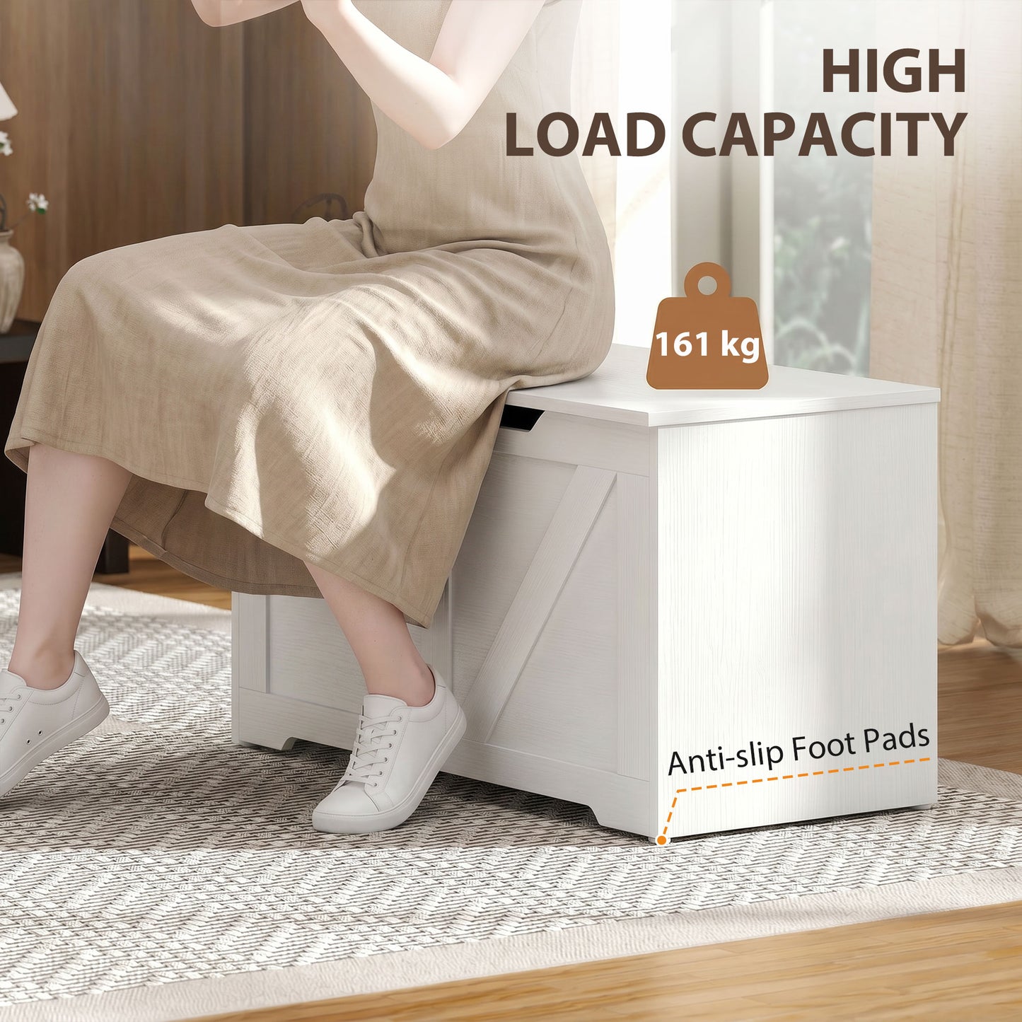 100L Home Storage Box, with Safety Hinge - White Wood-Effect