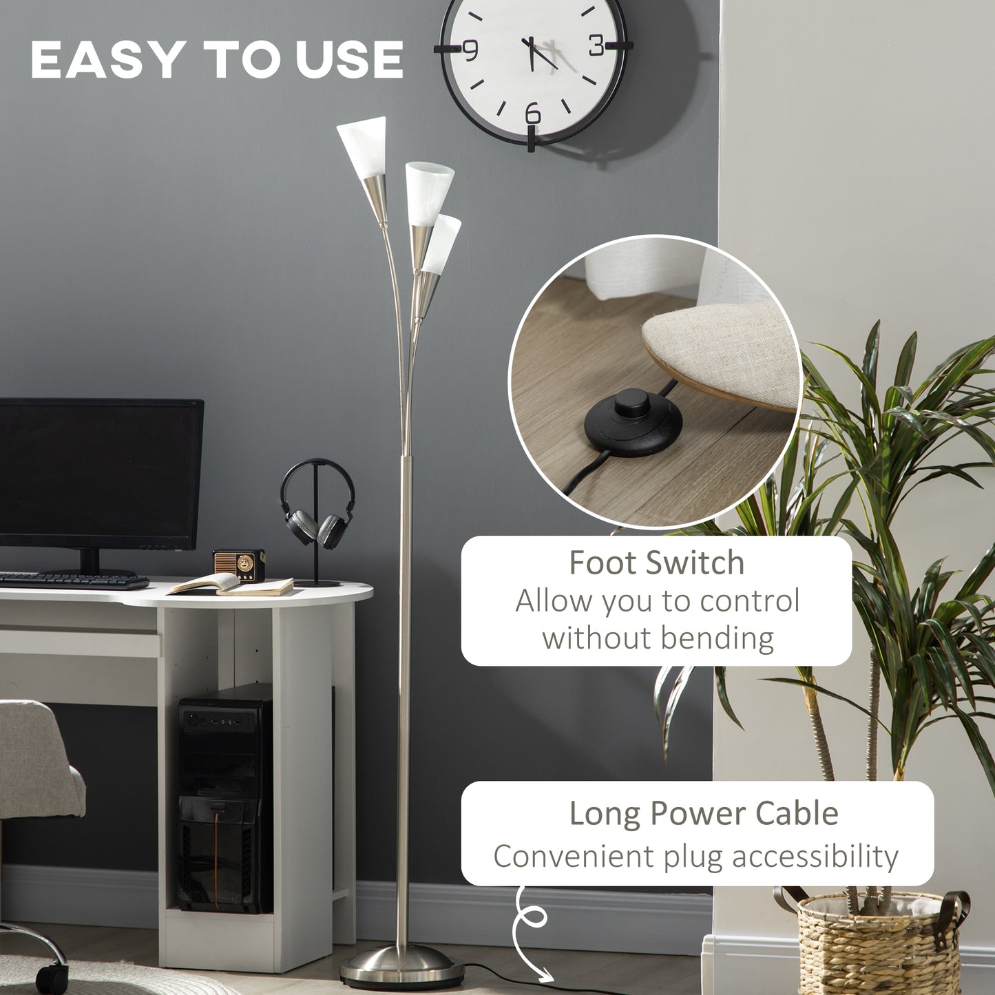 Modern Standing Lamp, 3-Light Upright Floor Lamps for Living Room, Silver Tone