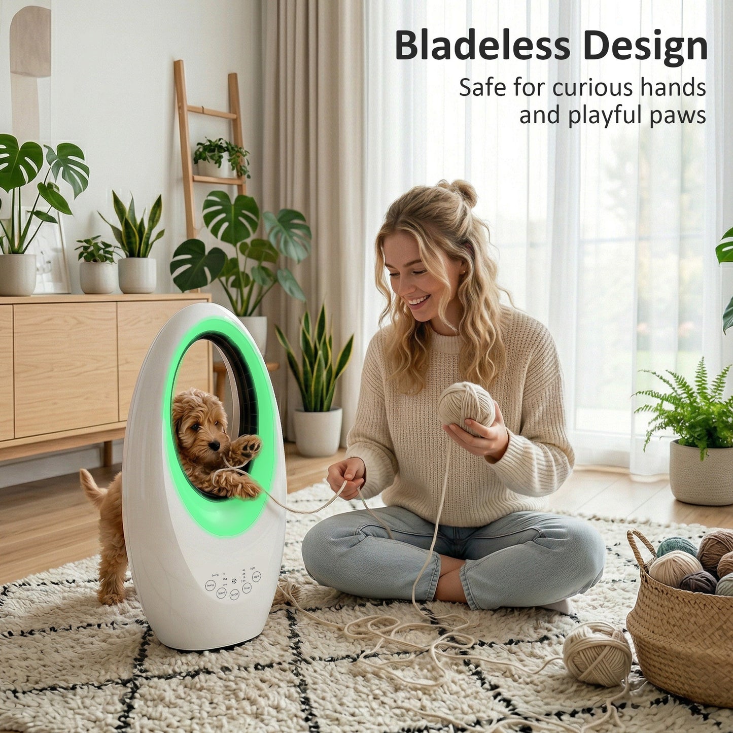Bladeless Tower Fan, 36dB Standing Cooling Fan with 60° Oscillating, LED Lights, 3 Speeds, 7.5H Timer, Remote Control