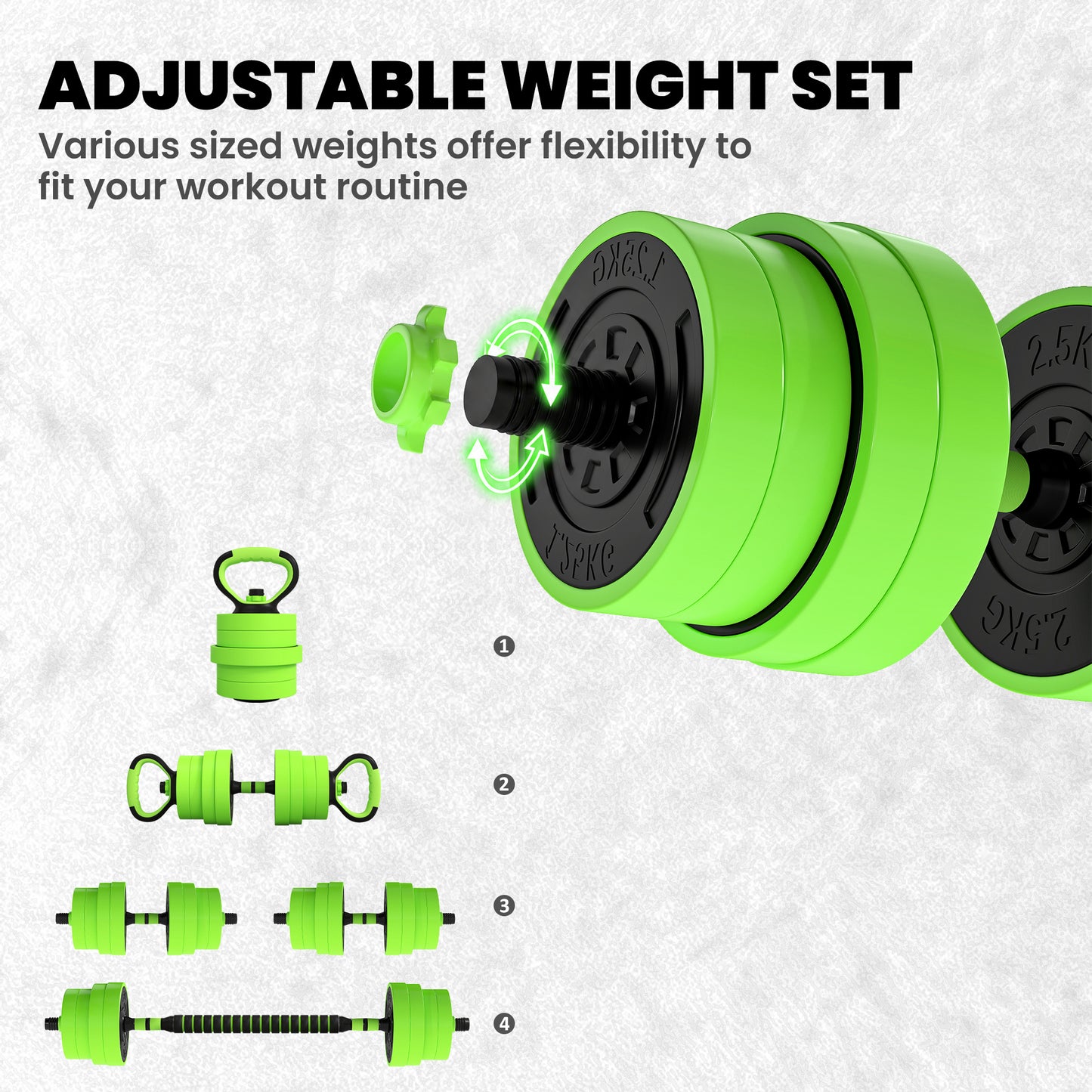 30kg 6-In-One Adjustable Weight Dumbbells Set, Barbell, Kettlebell, Push Up Stand - Green