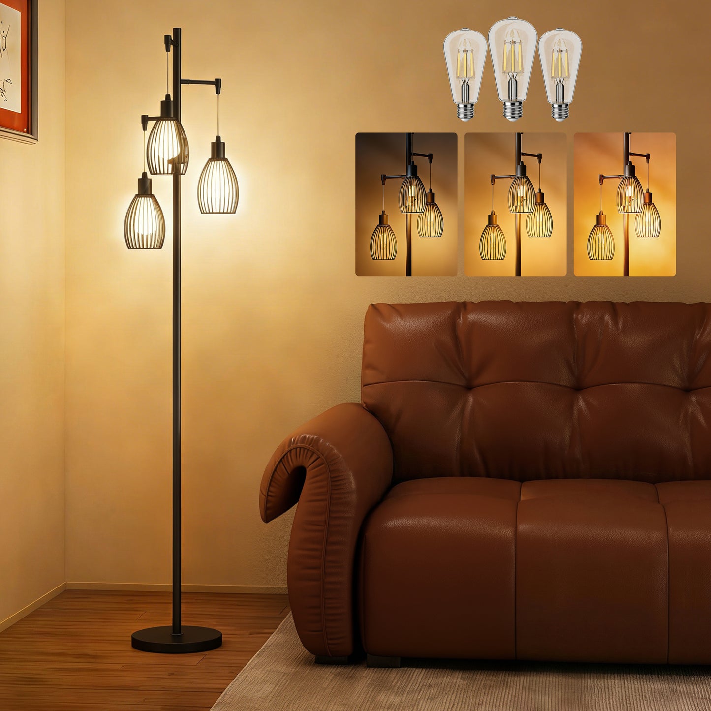 3-Light LED Floor Lamp, 170cm Industrial Dimmable Standing Lamp with Steel Wire Cage Lampshades, 2700K for Living Room