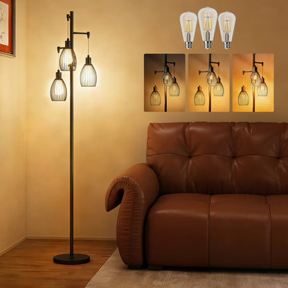 3-Light LED Floor Lamp, 170cm Industrial Dimmable Standing Lamp with Steel Wire Cage Lampshades, 2700K for Living Room
