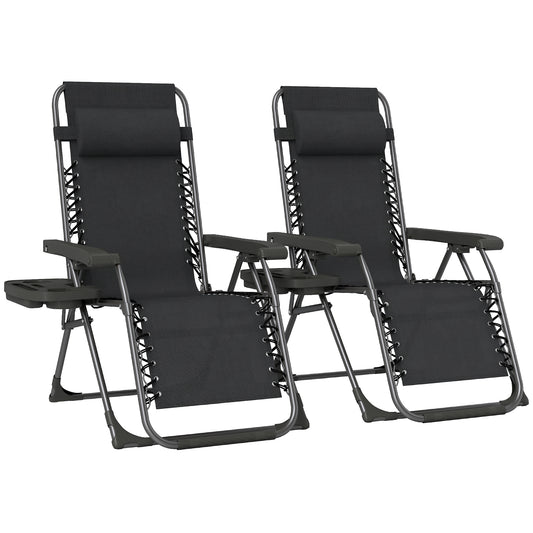 Zero Gravity Chairs Set of 2, Folding Sunloungers Reclining Garden Chairs with Cup Holder, Headrest, Black
