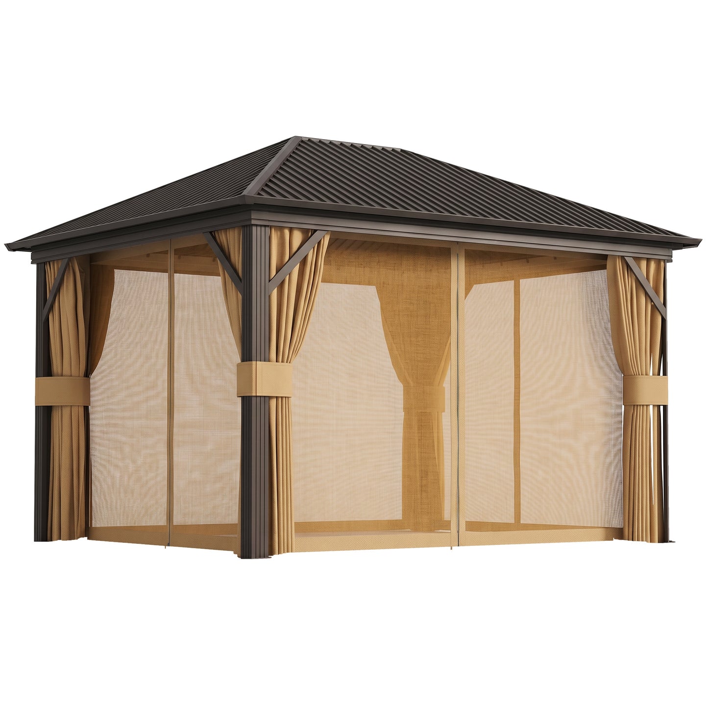 3.6 x 3 m Aluminium Hardtop Gazebo, with Accessories - Brown