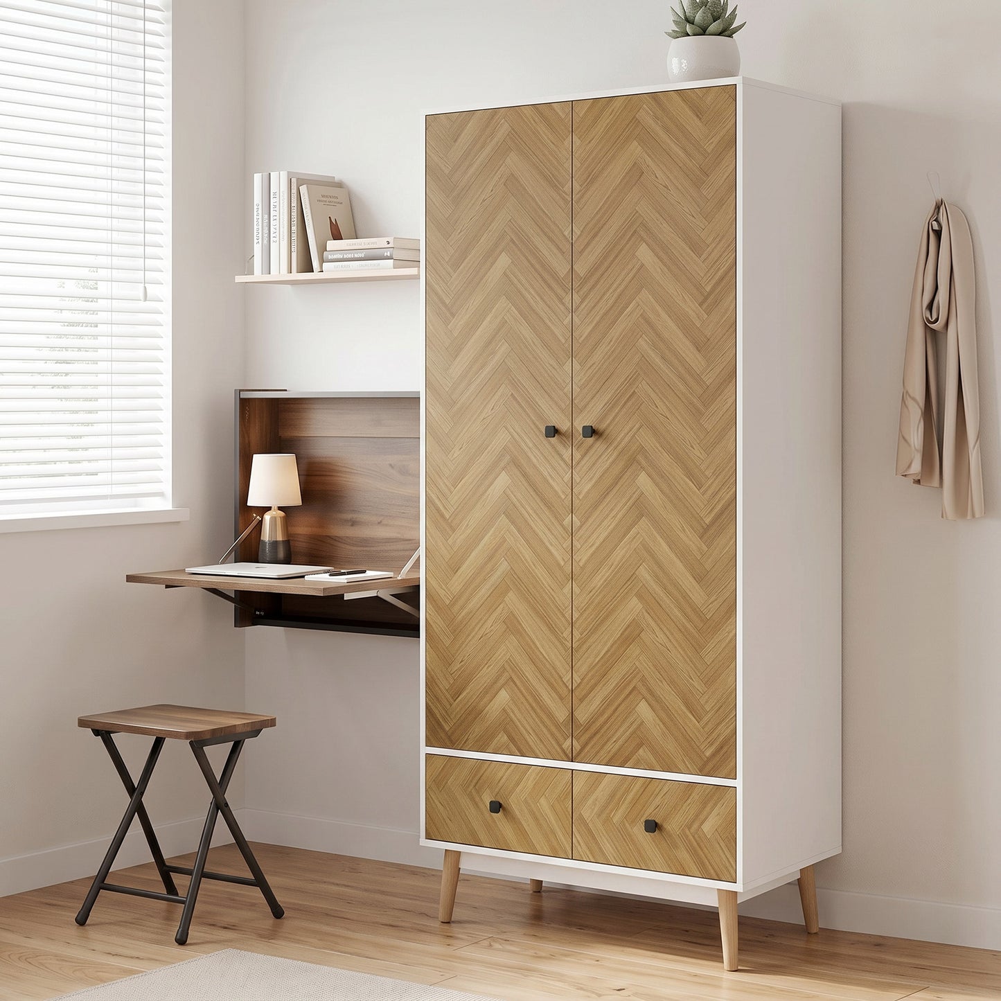 Cabinet Wood-Effect Sticker Surface, Modern Wardrobe with 2 Hanging Rods, 2 Storage Shelves and 2 Drawers, White