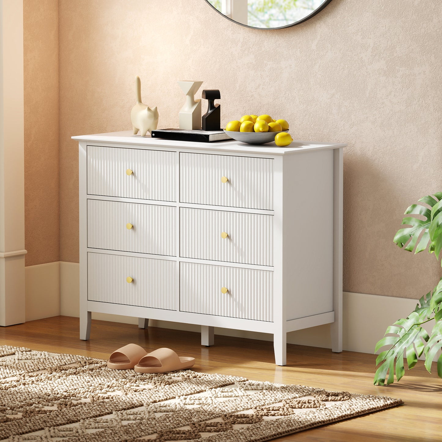 Fluted Dresser, 6 Drawer Chest of Drawers for Bedroom, Living Room, Hallway, Closet, White