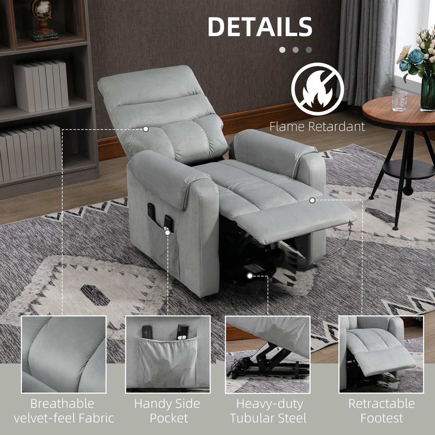Vibration Massage Rise and Recliner Chair, Electric Power Lift Recliner with Remote Control and Side Pockets, Grey