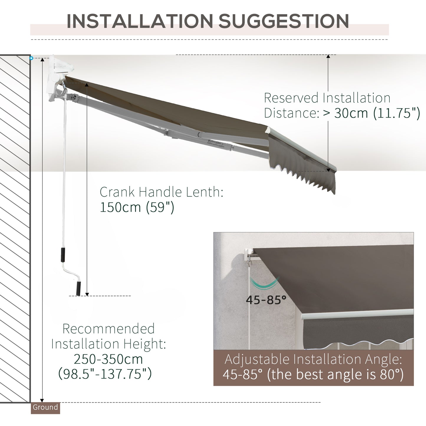 Awning Canopy Manual Retractable Porch Sun Shade Shelter 3 x 2m Grey