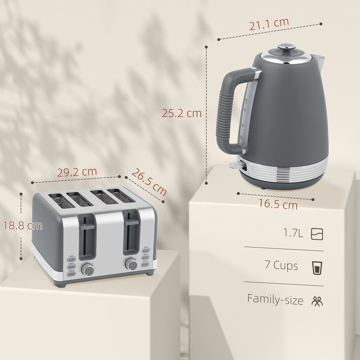 Stainless Steel Panel Kettle and Toaster Set - Grey