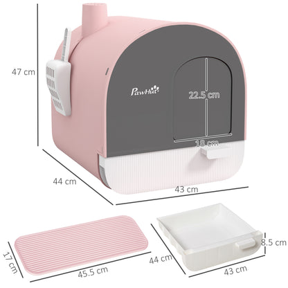 Hooded Cat Litter Box, Kitten Litter Tray, with Lid, Scoop, Filter, Flap Door, Pink
