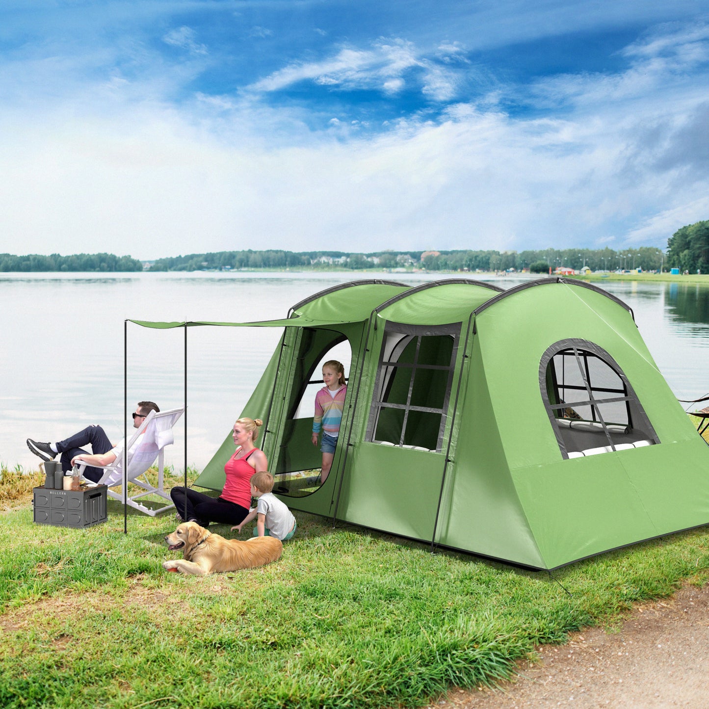 4 Man Tunnel Tent, Family Camping Tent with Porch, Bedroom and Living Area, Sewn in Groundsheet, 3000mm Waterproof