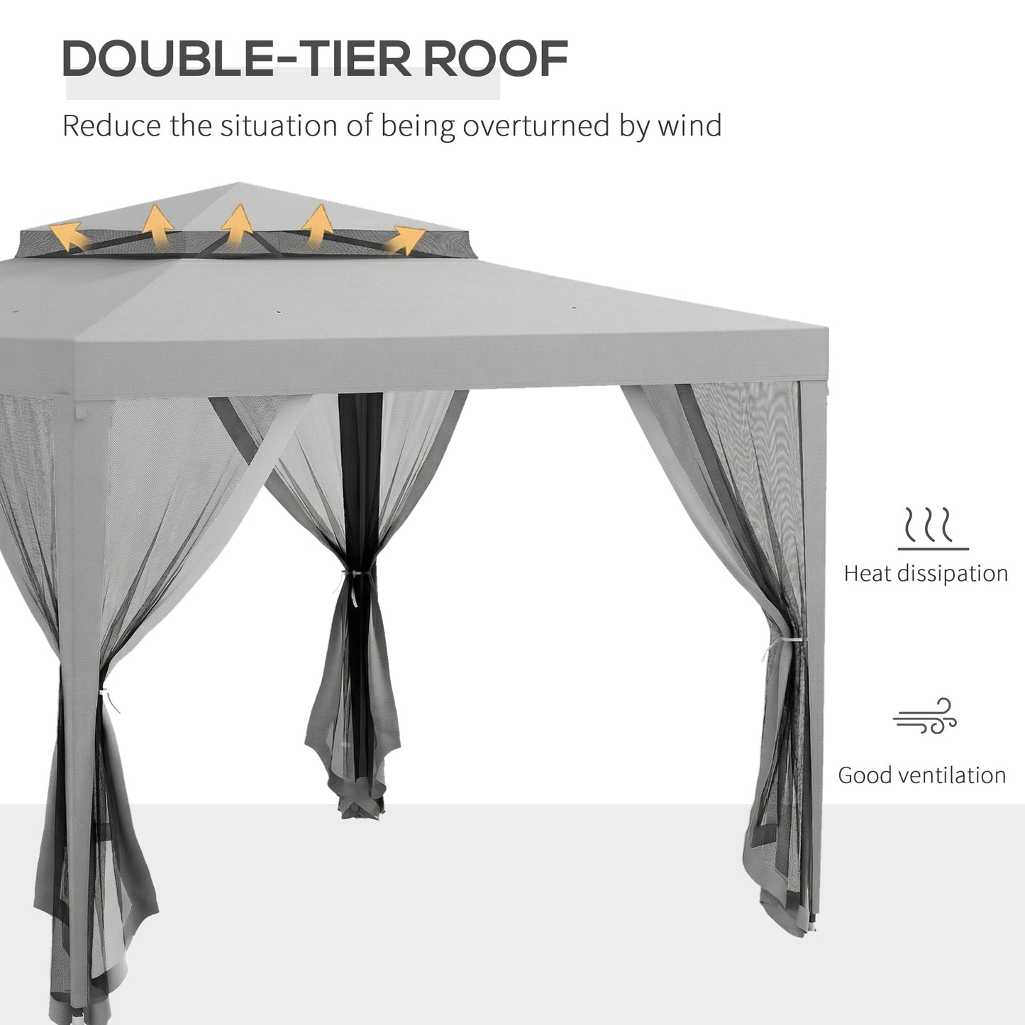 3 x 3 m Gazebo, Netting Party Tent, Patio Canopy Outdoor Event Shelter with Double Tier Roof, Light Grey
