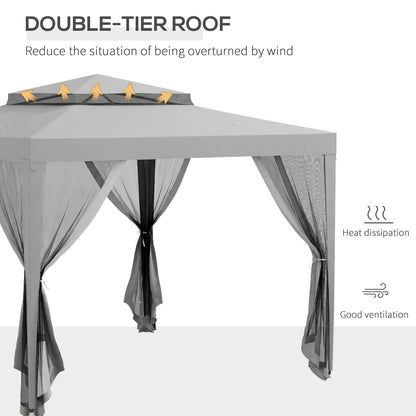 3 x 3 m Gazebo, Netting Party Tent, Patio Canopy Outdoor Event Shelter with Double Tier Roof, Light Grey