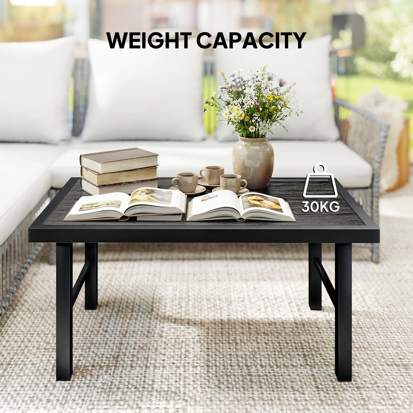 Metal Garden Coffee Table, Outdoor Side Table with SPC Woodgrain Tabletop for Outside, 100 x 52 x 46cm, Dark Grey