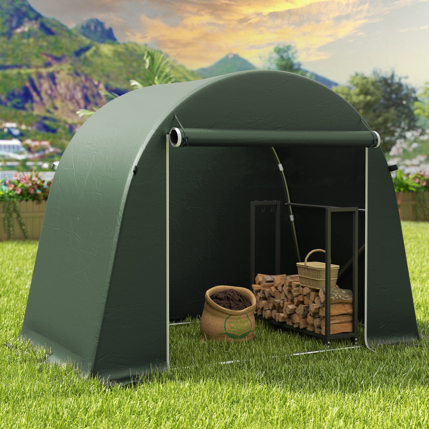 8 x 4 ft Garden Storage Tent, Waterproof Bike Tent with Roll-up Zipper Door and Galvanised Metal Frame, Green
