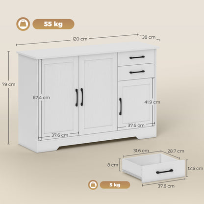 Sideboard with 2 Drawers Modern Storage Cabinet, Kitchen Cupboard with Adjustable Shelf and 3 Doors White