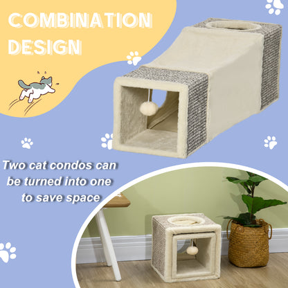 Cat Tunnel, Plush Large Play Tunnel with Two Caves and Hanging Ball, Cream White
