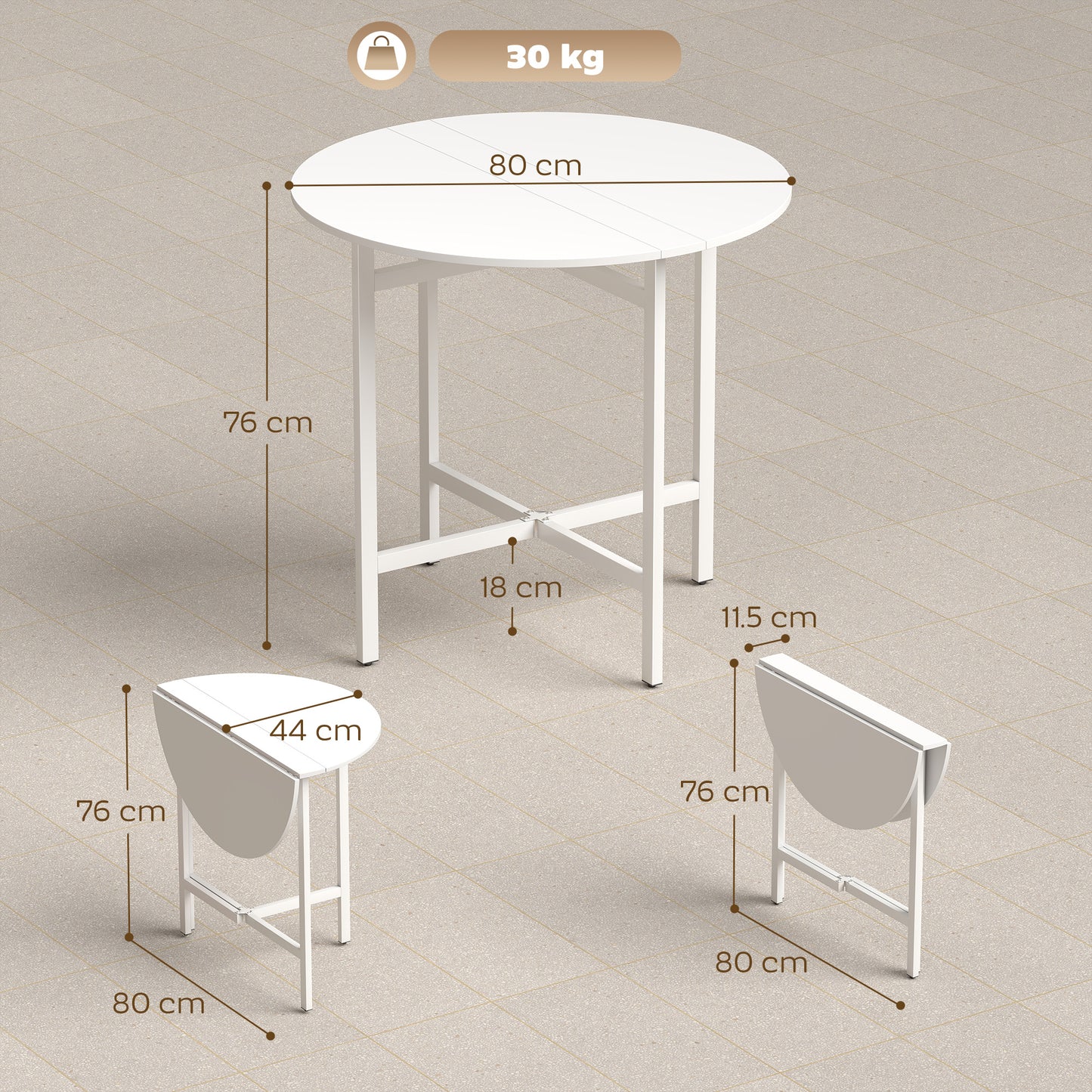 Collapsible Drop Leaf Table, Folding Dining Table for Small Spaces, Extendable Kitchen Table with Steel Frame, White