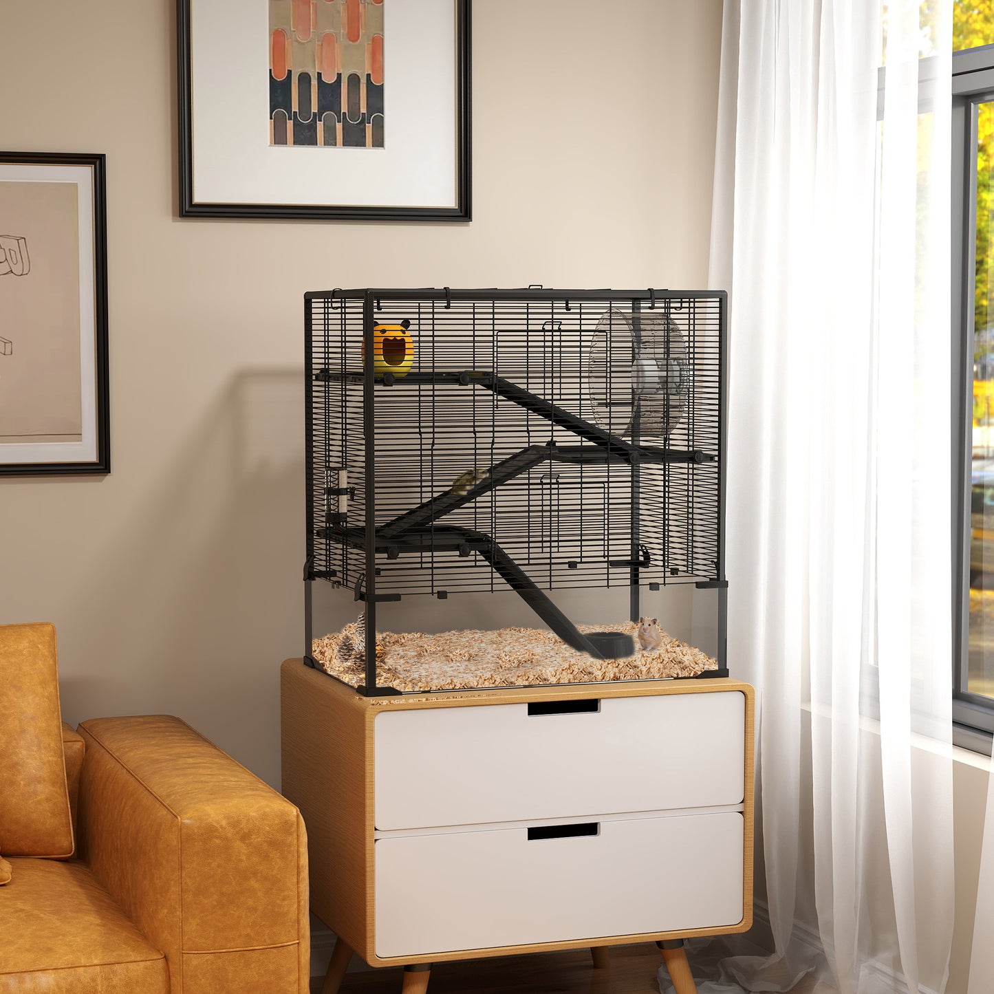 Four-Tier Hamster Cage with Deep Tempered Glass Bottom, Hut, Running Wheel, Food Dish, Water Bottle, 78.5 x 48.5 x 80cm
