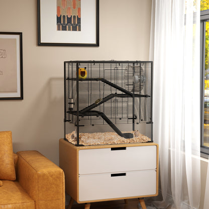 Four-Tier Hamster Cage with Deep Tempered Glass Bottom, Hut, Running Wheel, Food Dish, Water Bottle, 78.5 x 48.5 x 80cm