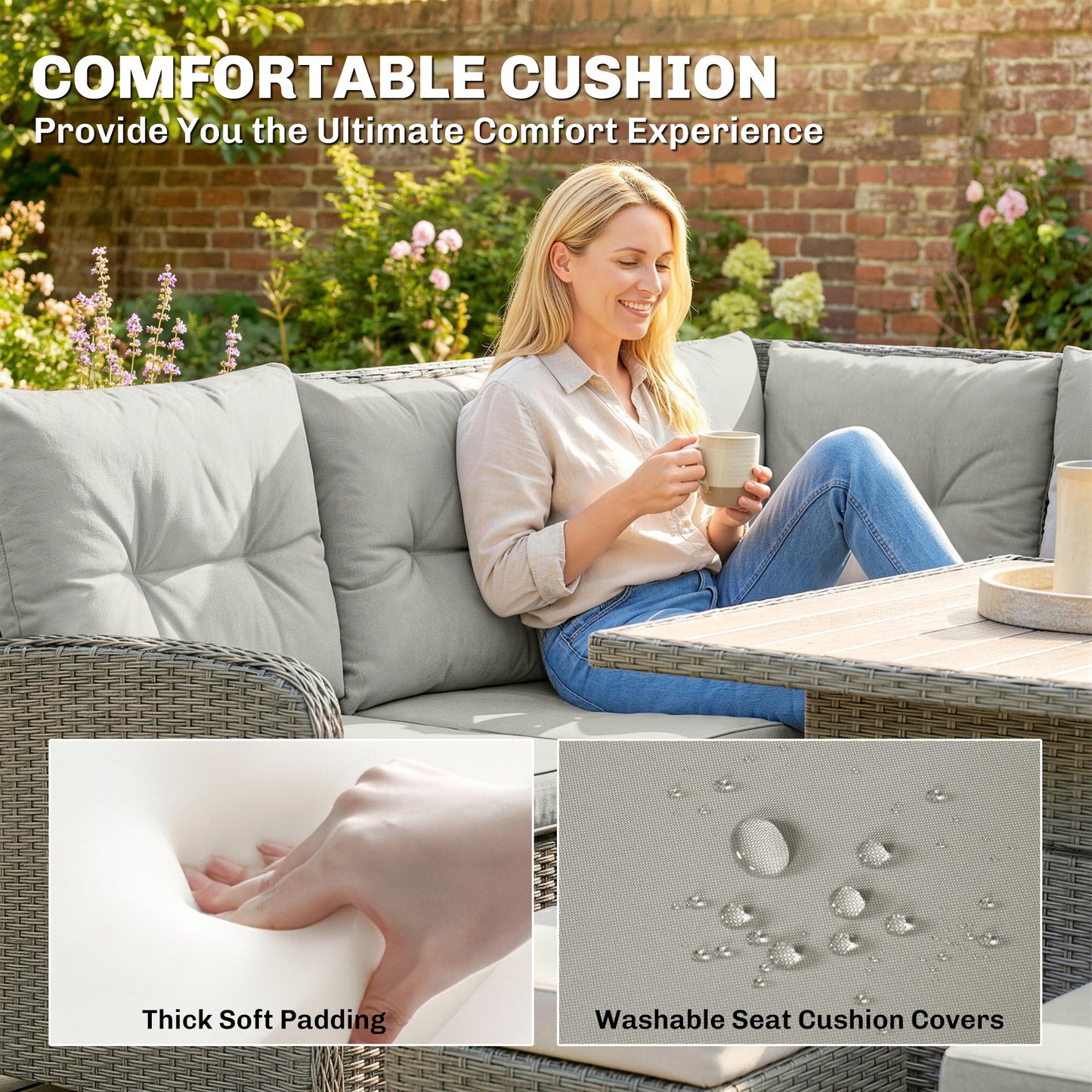 6 Pieces Outdoor PE Rattan Garden Furniture, Patio Wicker Sectional Conversation Corner Sofa