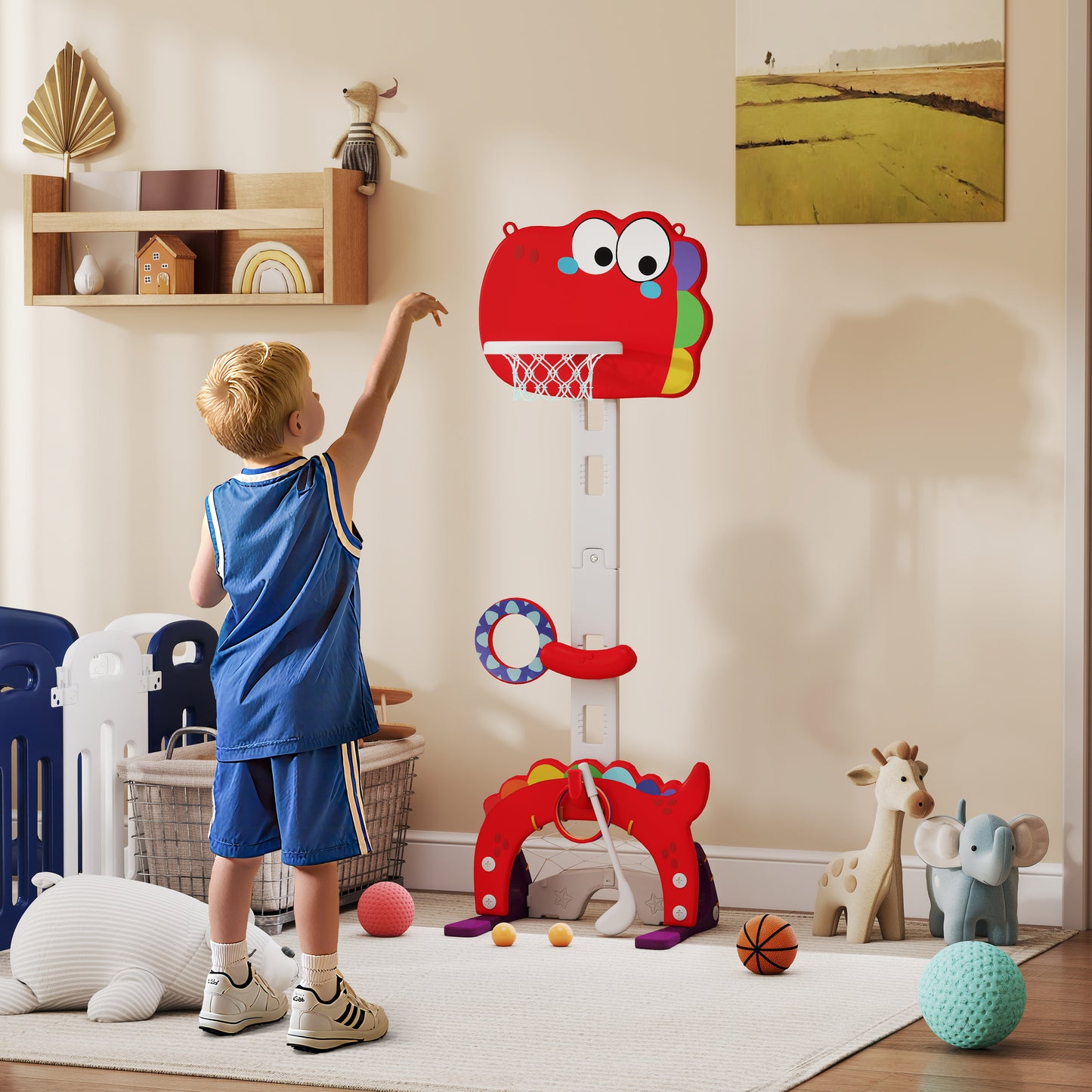 5-in-1 Dinosaur Basketball Set with Adjustable Basketball Stand and Golf Game, Indoor for Boys Girls, Red